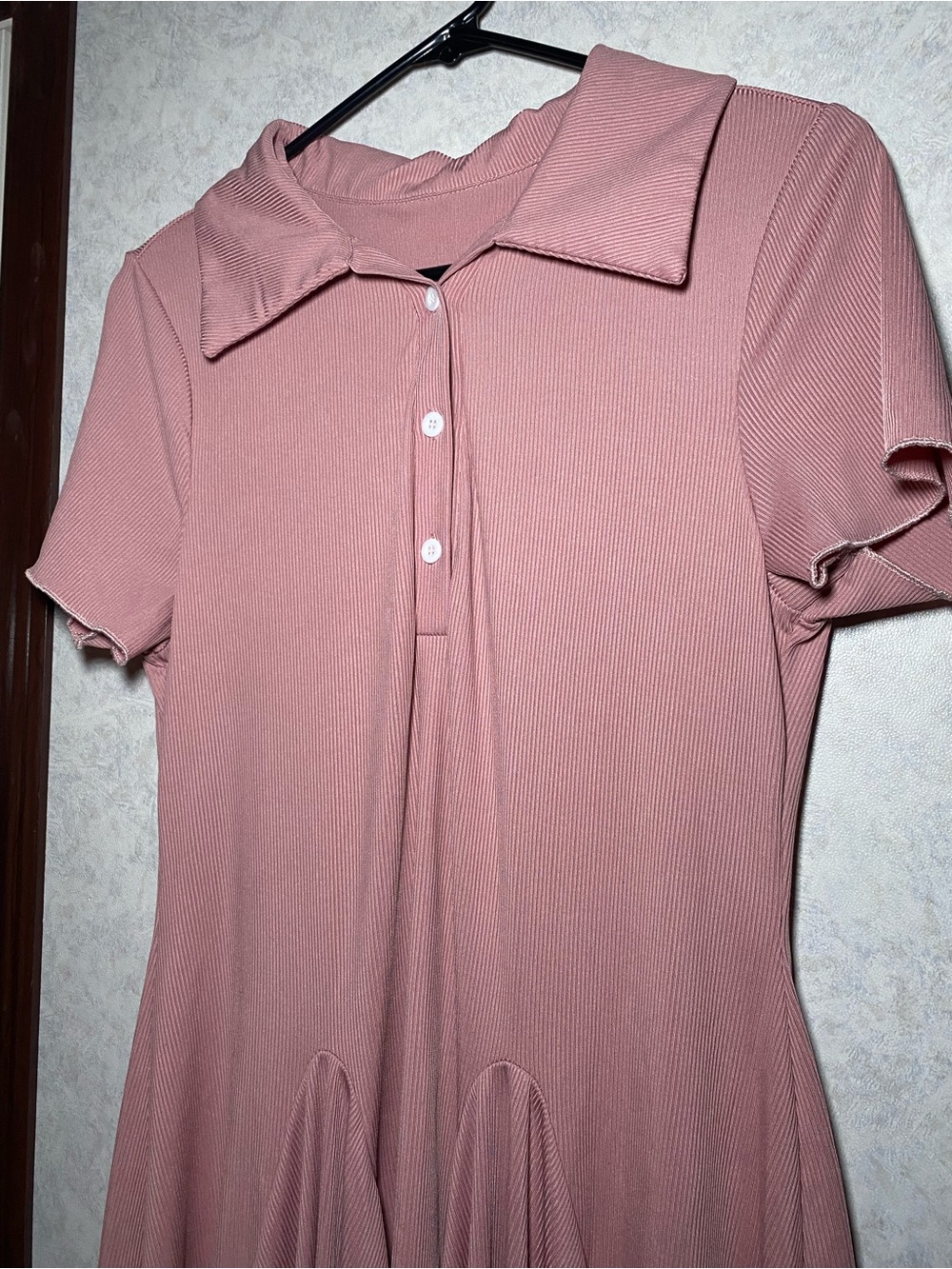 Pink Ribbed Collared Short Pink Ribbed Collared Short Sleeve Fit and Flare Dress